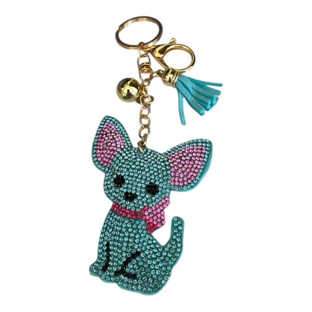 Cute Cartoon Chihuahua Keychain Rhinestone Key Chain Turquoise - Picture 2 of 3
